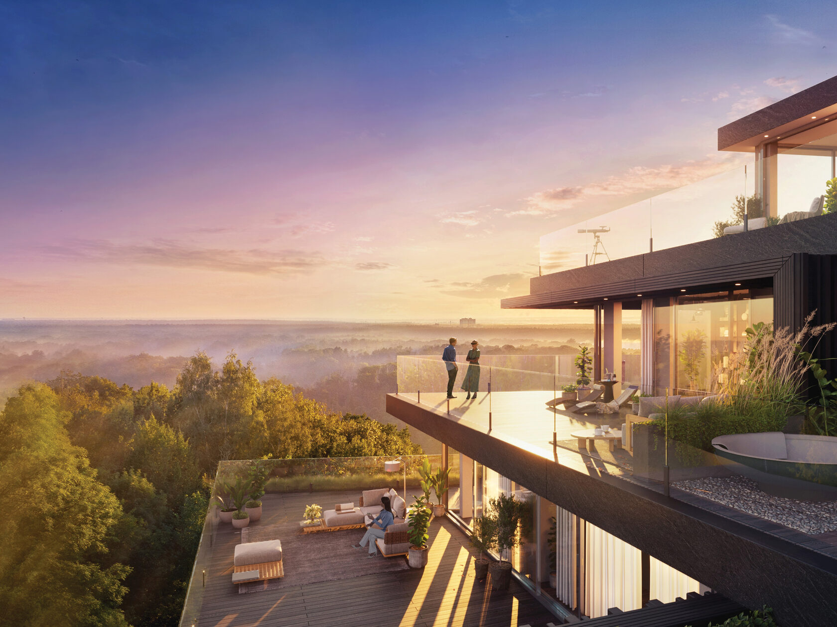 Будинок з пентхаусами Lion Hills серед лісу на заході сонця