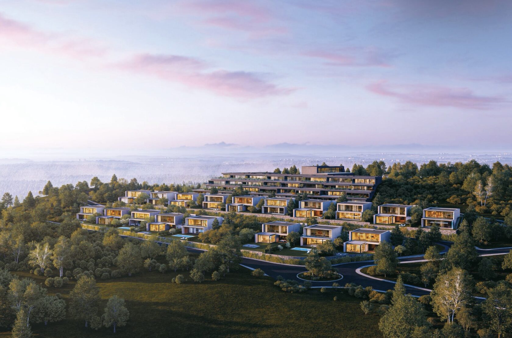 Вілли та пентхауси Lion Hills каскадом на пагорбі в Лісниках на світанку